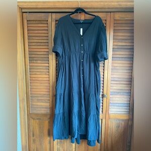 Madewell Plus Size V-Neck Tiered Double Gauze Midi Dress True Black 20W
